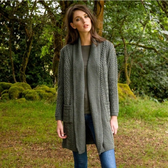 Aran Crafts Irish Cable Knit Edge to Edge Coat Cardigan Wool Women's S Green - Picture 1 of 16